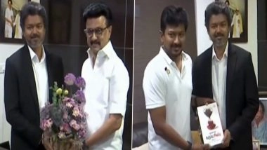 CM Vijay Meets Former CM MK Stalin and Udhayanidhi Stalin; Warm Hug Visuals Surface From Courtesy Visit (Watch)