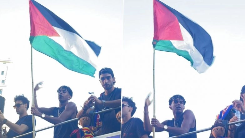 Lamine Yamal Waves Palestinian Flag During Barcelona La Liga Title Parade (Watch Video)