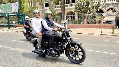 Devendra Fadnavis Bike Ride Video: Maharashtra CM Rides Royal Enfield Bulllet to Vidhan Bhavan in Mumbai After PM Narendra Modi&rsquo;s Appeal for Fuel Conservation