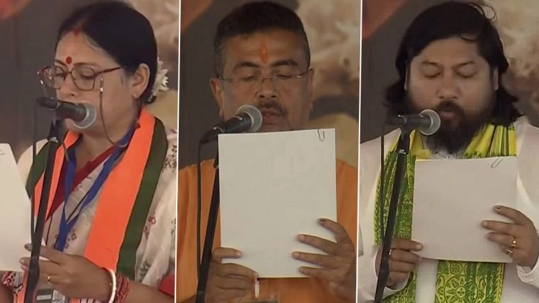 Suvendu Adhikari Takes Oath As First BJP Chief Minister of West Bengal; 5 Other Ministers Sworn In (Watch Videos)