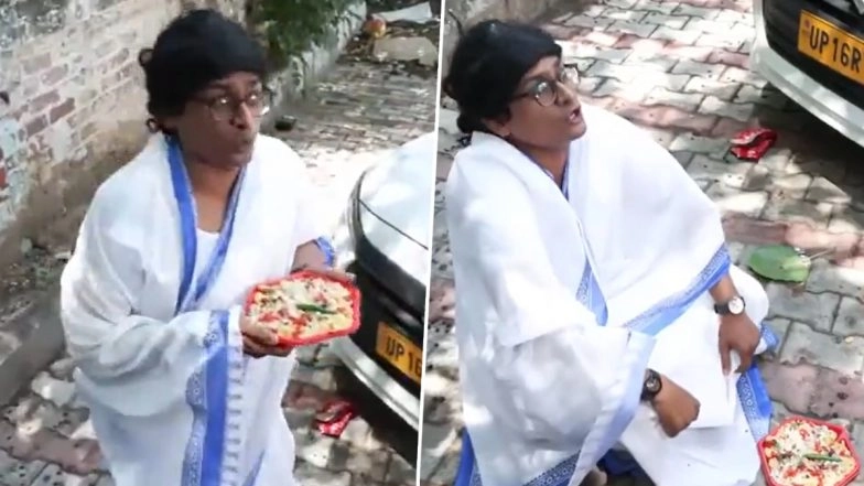 West Bengal Election Result 2026: Mimicry Artist Ratan Ranjan Dresses As Mamata Banerjee, Performs Satirical Skit With &lsquo;Jhalmuri&rsquo; at BJP HQ (Watch Video)