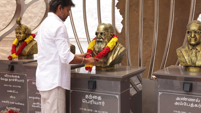 India News | Tamil Nadu: TVK's Vijay Pays Homage to Social Reformers Day After Election Win; Garlands Statues of Periyar, BR Ambedkar