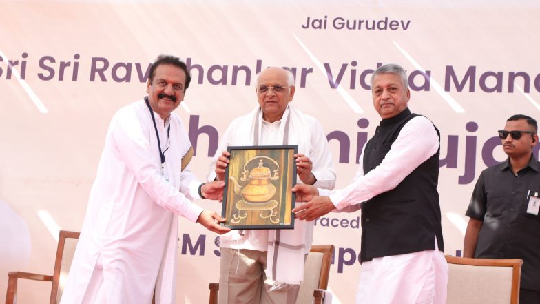India News | Gujarat: CM Bhupendra Patel Lays Foundation Stone for New Campus of Sri Sri Ravi Shankar Vidya Mandir