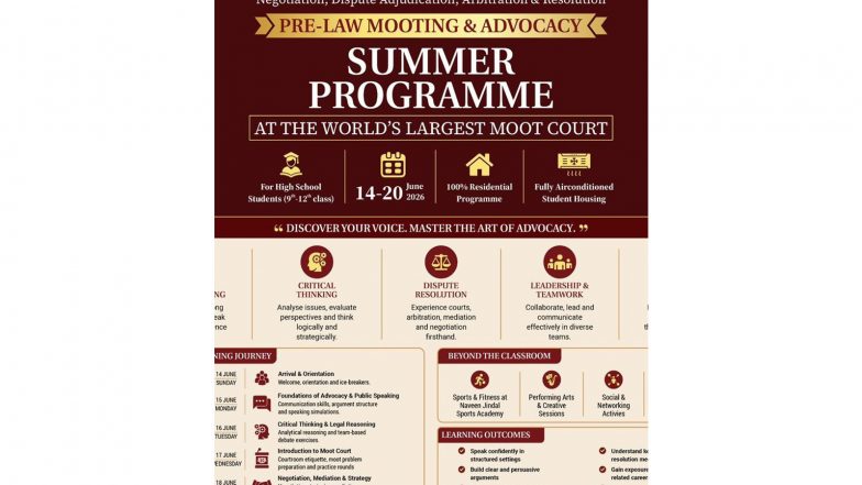 Business News | Jindal Global Law School Launches India's First Pre-Law Summer Programme in Mooting & Advocacy for High School Students