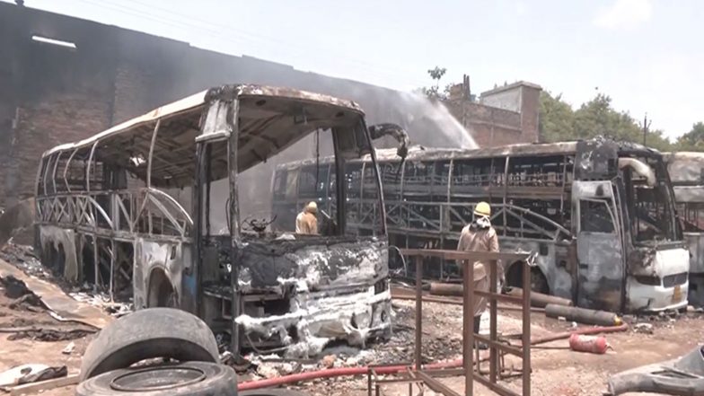 India News | Fire Guts 3 Buses, Few Bikes at Indore Parking Lot; 1 Lakh Litres of Water Used to Douse Blaze