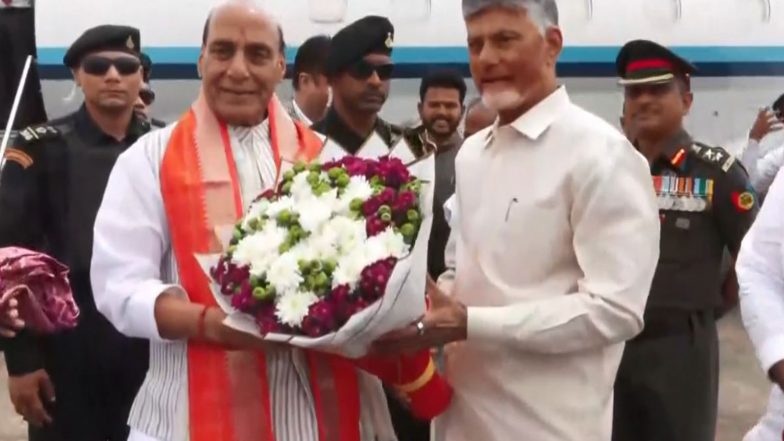 India News | Rajnath Singh Reaches Andhra Pradesh's Puttaparthi for Launch of Major Aerospace, Defence Projects