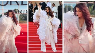 Cannes 2026 Closing Ceremony: Aishwarya Rai Bachchan Enthrals in Elegant Power Pantsuit With Dramatic Faux Feathers on Red Carpet (Watch Video)