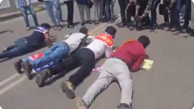 UP Teacher Recruitment Scam: Candidates Crawl on Roads During Massive Protest Outside Minister Sandeep Singh&rsquo;s Residence in Lucknow (Watch Video)