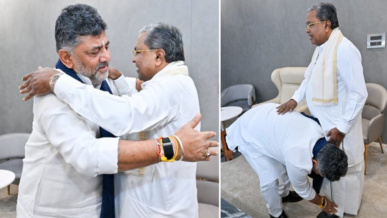 DK Shivakumar Touches Siddaramaiah's Feet, Seeks His Blessings at Breakfast Meeting As Karnataka Braces for Imminent Leadership Transition (See Pics)