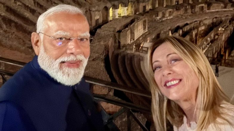 &lsquo;Welcome to Rome, My Friend!&rsquo;: Italian PM Giorgia Meloni Welcomes PM Narendra Modi, Takes Selfie Upon His Arrival in Italy (See Pic)