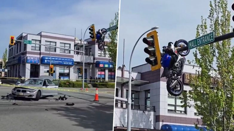 Canada Viral Video: Motorcycle Found Hanging From Traffic Signal Pole After Colliding With BMW in British Columbia, Clip Surfaces