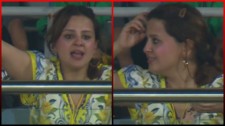 MS Dhoni's Wife Sakshi&rsquo;s Animated Reaction Goes Viral After Umpire Refuses Wide Call in CSK vs SRH Clash