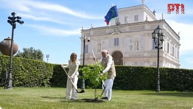 PM Modi Italy Visit 2026: Prime Minister Narendra Modi and Italian PM Giorgia Meloni Plant Sapling in Rome To Elevate India-Italy Strategic Partnership (Watch Video)