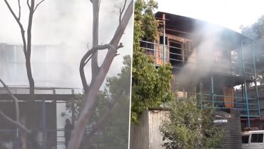 Delhi Fire: Blaze Erupts at Workers' Temporary Shelter Near Udyog Bhawan, Firefighting Operations Underway (Watch Video)
