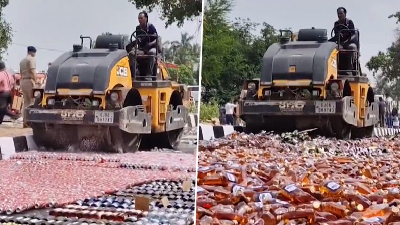 Illegal Liquor Worth INR 4 Crore Crushed by Vadodara Police Using Bulldozers and Road Rollers (Watch Video)