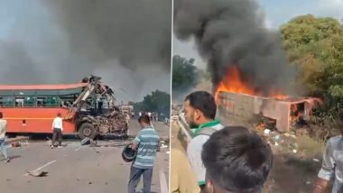Gujarat Road Accident: 7 Killed, 15 Injured as 2 ST Buses and Tractor Collide in Surat (Watch Video)