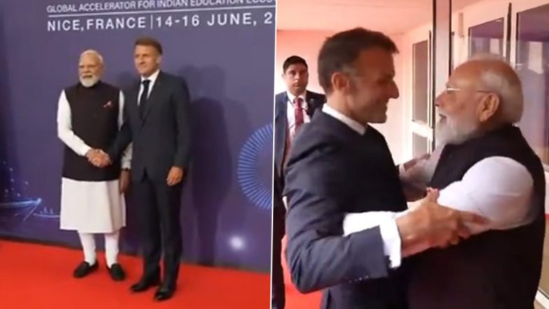 PM Narendra Modi Receives Warm Hug From Emmanuel Macron in Nice as India-France Launch Bharat Innovates Startup Initiative (Watch Video)