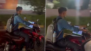 Hyderabad Viral Video: Man Rides Motorcycle With Open Laptop on Fuel Tank, Internet Calls It ‘Work From Bike’