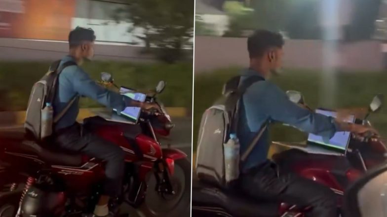 Hyderabad Viral Video: Man Rides Motorcycle With Open Laptop on Fuel Tank, Internet Calls It &lsquo;Work From Bike&rsquo;