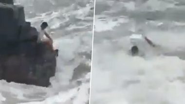 Karnataka Tourist Dies After Powerful Waves Sweep Him off Rocks at Goa&rsquo;s Baga Beach; Video Surfaces