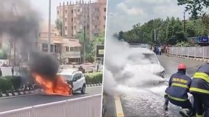 Odisha Car Fire: Moving Vehicle Catches Fire Near Bhubaneswar's Jaydev Vihar, Occupants Escape Unhurt (Watch Video)