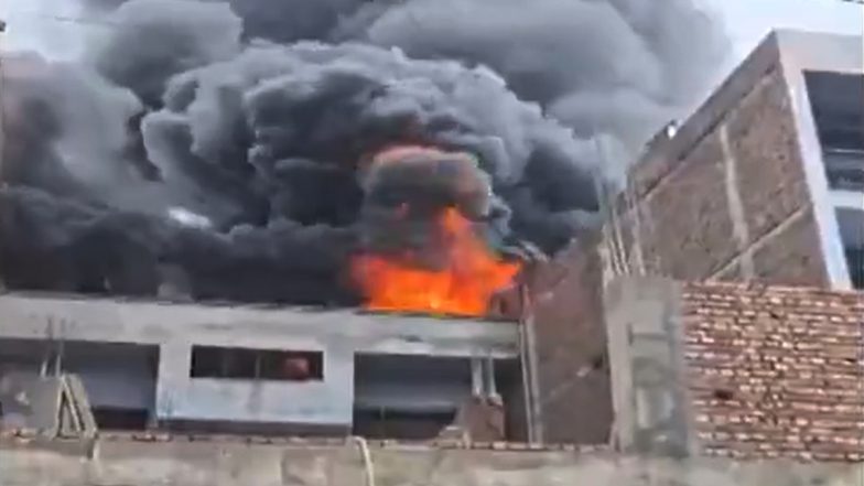 Delhi Factory Fire: Massive Blaze Breaks Out at Plastic and Shoe Manufacturing Unit in Narela Industrial Area, Fire Tenders on Spot (Watch Video)