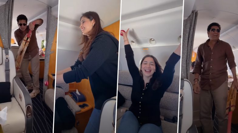 Sachin Tendulkar Dismissed by Daughter Sara and Daughter-in-Law Saaniya in Fun Cricket Game Inside Plane (Watch Video)