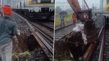 Mumbai Rains: Harbour Line Services Disrupted After Track Washed Out Between Turbhe and Kopar Khairane, Operations Restored (Watch Video)