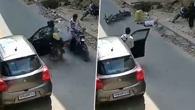 Accident Caught on Camera in Firozabad: Man Killed After Parked Car Door Opens Suddenly, Bike Crashes Into It; Disturbing Video Surfaces