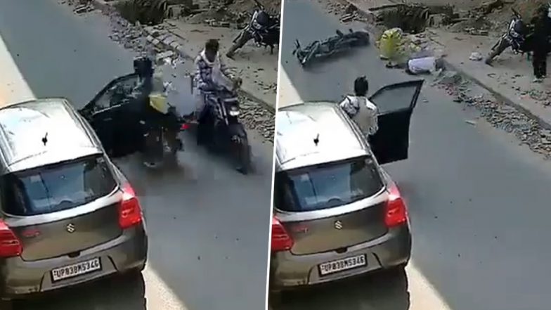 Accident Caught on Camera in Firozabad: Man Killed After Parked Car Door Opens Suddenly, Bike Crashes Into It; Disturbing Video Surfaces