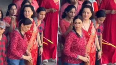 Kangana Ranaut Seen Waiting for Mumbai Local Train at Mira Road Station; Actress’ Red Saree Look Goes Viral (Watch Video)