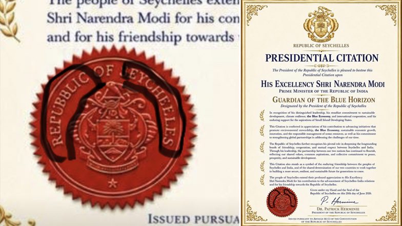 Congress Attacks BJP As &lsquo;Repubblic of Seycheeles&rsquo; Typo on PM Narendra Modi&rsquo;s Seychelles Award Certificate Sparks Row