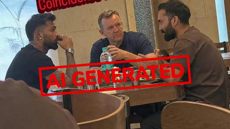 Fact Check: Viral AI Photo of Hardik Pandya Meeting RCB Coach Andy Flower and Mentor Dinesh Karthik Fuels False Trade Rumors