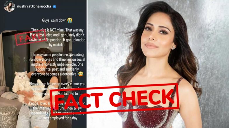 Fact Check: Did Nushrratt Bharuccha Blame Her &lsquo;Cat&rsquo; for Objectionable Sounds in RCB IPL Celebration Video? Truth Behind Viral Screenshot