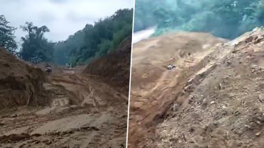 Viral Video: Arunachal Pradesh Biker Swept Away by Landslide in Lower Siang, Survives Miraculously