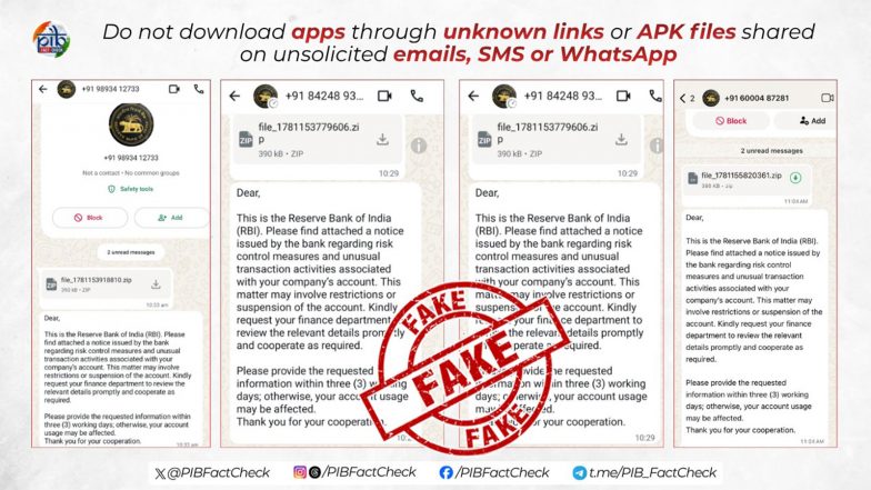 Business News | RBI Did Not Send Account Suspension Notices Via APK Files on WhatsApp, PIB Fact Check Warns