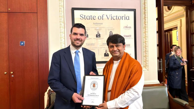 Business News | HH Shri Rajrajeshwar Guruji Honoured at Parliament House, Melbourne Interfaith Gathering Promoting Peace, Unity, and Social Harmony