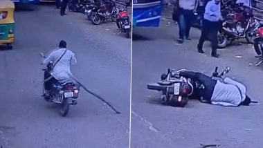 Bengaluru Viral Video: Motorcyclist Collapses and Falls After Dried Tree Branch Hits His Head in Rajajinagar
