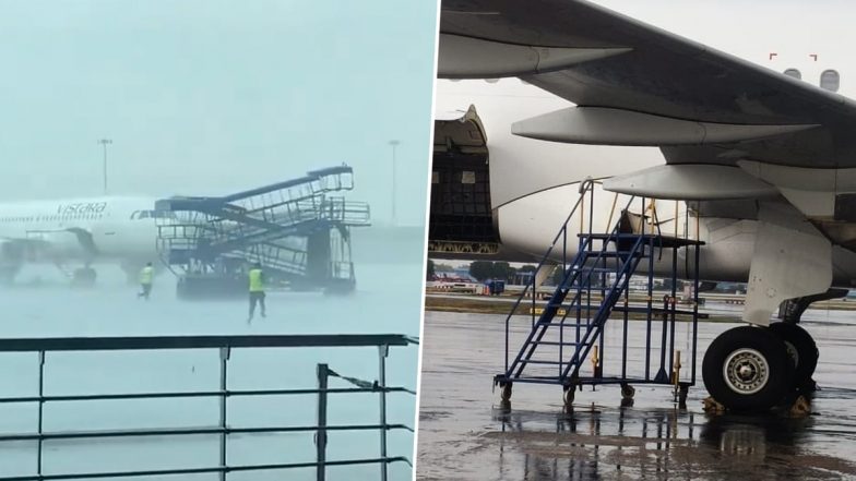Delhi: 3 Air India Planes Damaged After Aircrafts Parked at IGI Airport Get Hit by Ground Equipment Following Heavy Rain and Winds (Watch Video)