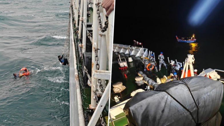 Indian Coast Guard Rescues 6 Fishermen off Mangaluru After Boat Suffers Hull Damage; Videos of Dramatic Sea Rescue Surface