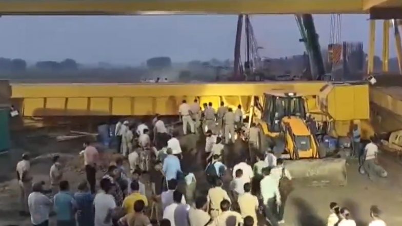 Jewar Airport Flyover Construction Accident: 3 Workers Killed, 1 Injured As Crane Overturns in Faridabad (Watch Videos)