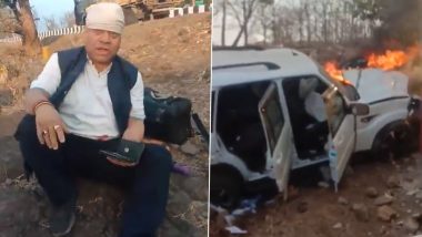 Madhya Pradesh: Congress MLA Yogendra Singh Baba Narrowly Escapes After SUV Crashes and Catches Fire While Trying To Avoid Cow (Watch Videos)