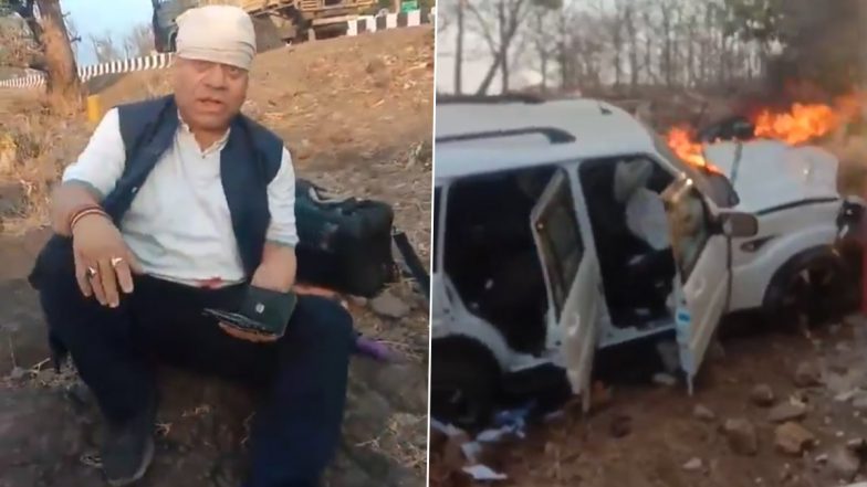 Madhya Pradesh: Congress MLA Yogendra Singh Baba Narrowly Escapes After SUV Crashes and Catches Fire While Trying To Avoid Cow (Watch Videos)