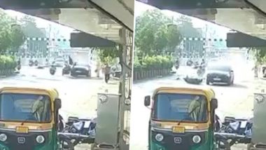 Rajkot: Minor Driving Speeding Car Hits Scooter, Rider Critical After Being Flung Into Air; Disturbing Video Surfaces