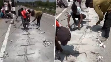 Bihar: Cracked Road &lsquo;Stitched&rsquo; With Iron Bars, Netizens React (Watch Video)