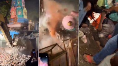 Chandauli Temple Demolition Turns Fatal: PWD Worker Killed After Kali Temple Dome Rolls Onto Road; Video Surfaces