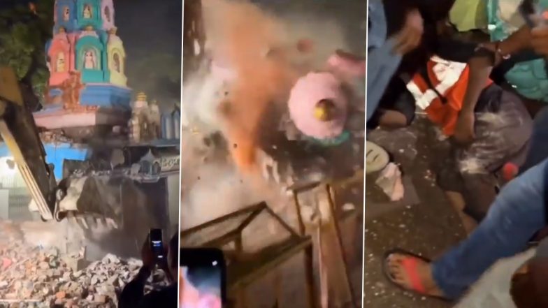 Chandauli Temple Demolition Turns Fatal: PWD Worker Killed After Kali Temple Dome Rolls Onto Road; Video Surfaces
