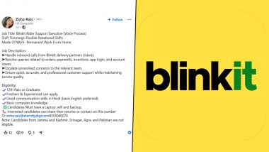 HR Zoha Rais&rsquo;s Blinkit Work-From-Home Job Post Excluding J&K, Srinagar, and Agra Sparks Outrage