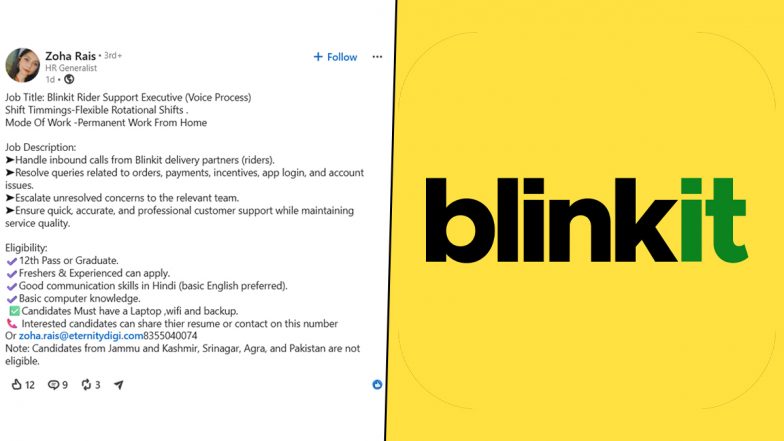 Viral Blinkit Work-From-Home Job Post Excluding J&amp;K, Srinagar, and Agra Sparks Outrage