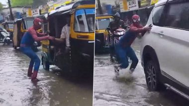 &lsquo;Spiderman&rsquo; Steps In As Heavy Rains Flood Bhiwandi Roads, Hidden Potholes Trap Vehicles (Watch Video)